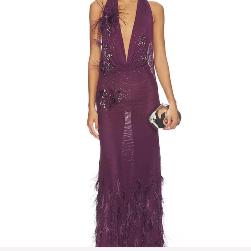 Plunging Feather-Trim Evening Gown in Deep Plum